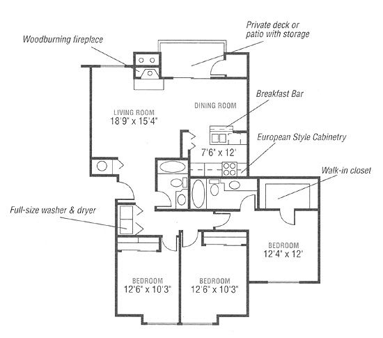 A floor plan of a home with a living room, dining room, kitchen, and three bedrooms.