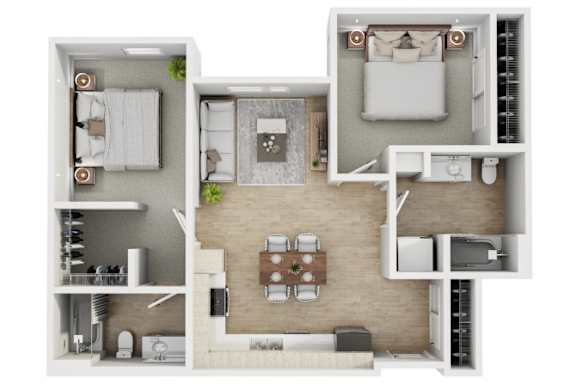 A 3D floor plan of a small apartment with a kitchen, living room, and bedroom.