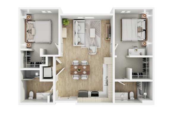A top-down view of a small apartment with a kitchen, living room, and bedroom.