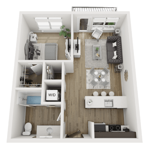 A 3D floor plan of a small apartment with a kitchen, living room, and bathroom.