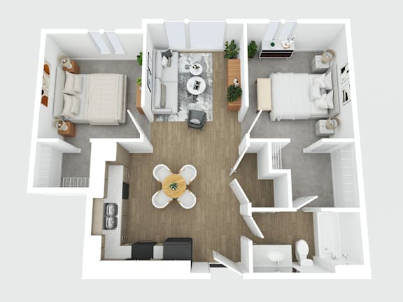 A top-down view of a modern apartment layout with a central living area, two bedrooms, a kitchen, and a bathroom.