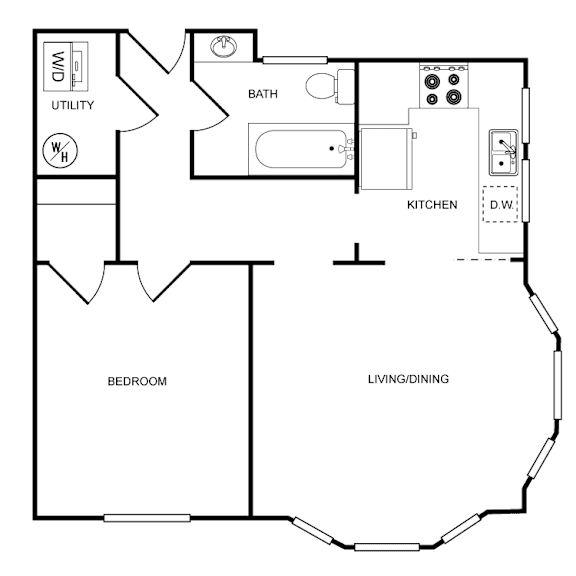 A floor plan of a house with a bedroom, bathroom, kitchen, and living/dining area.