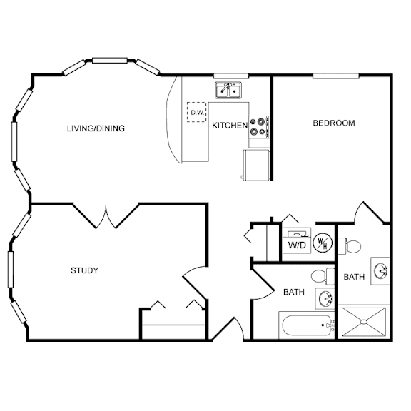 A floor plan of a house with a living/dining area, kitchen, bedroom, study, and bathroom.
