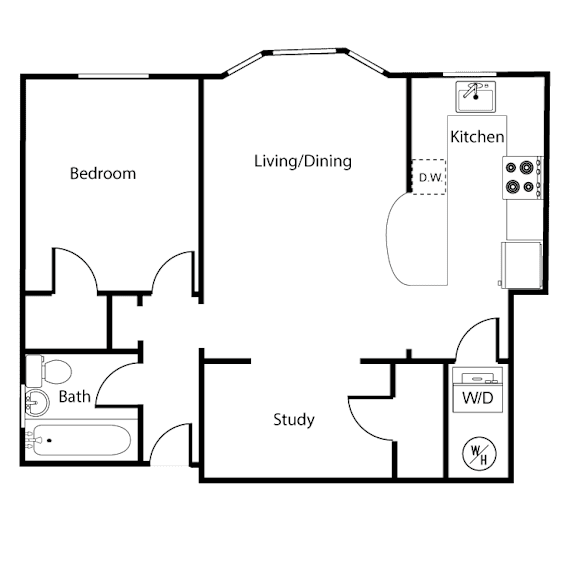 A floor plan of a house with a bedroom, living/dining area, study, and bathroom.