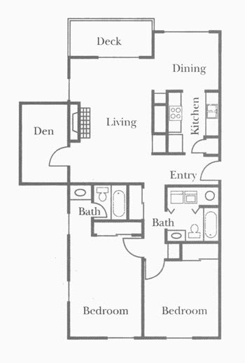 A floor plan of a house with a deck, two bathrooms, a living room, a dining area, a kitchen, a den, and two bedrooms.