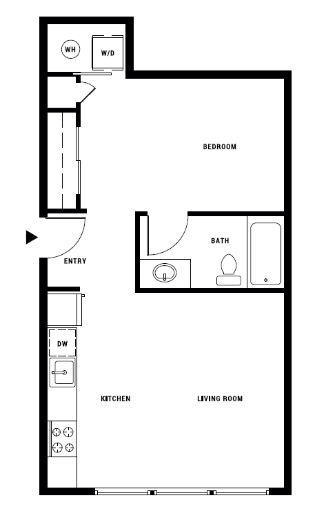 A floor plan of a small apartment with a bedroom, living room, kitchen, and bathroom.