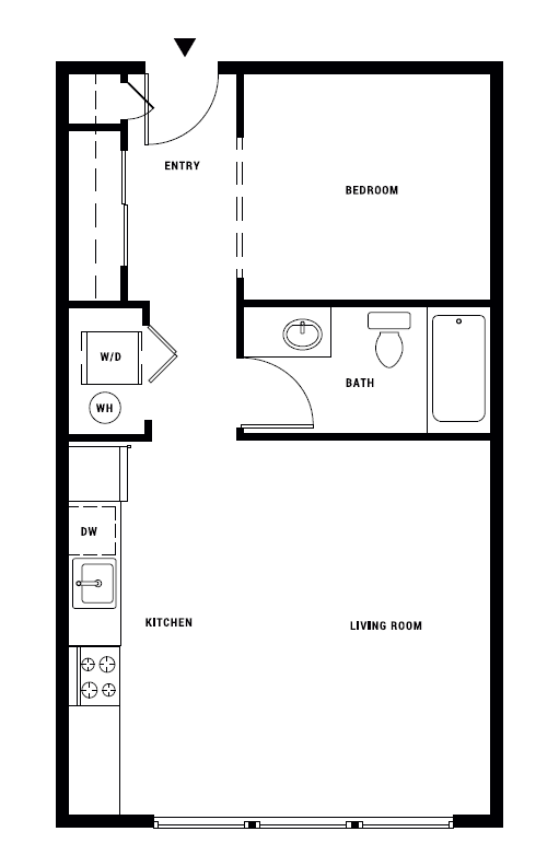 A floor plan of a small apartment with a living room, kitchen, and bathroom.