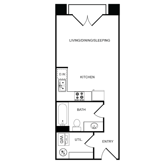 A floor plan of a small apartment with a kitchen, bathroom, and living room.