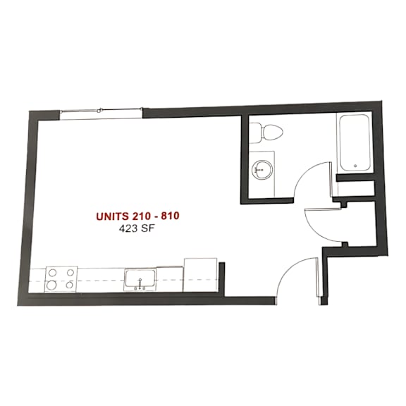 A floor plan of an apartment with the label "UNITS 210 - 810 423 SF".