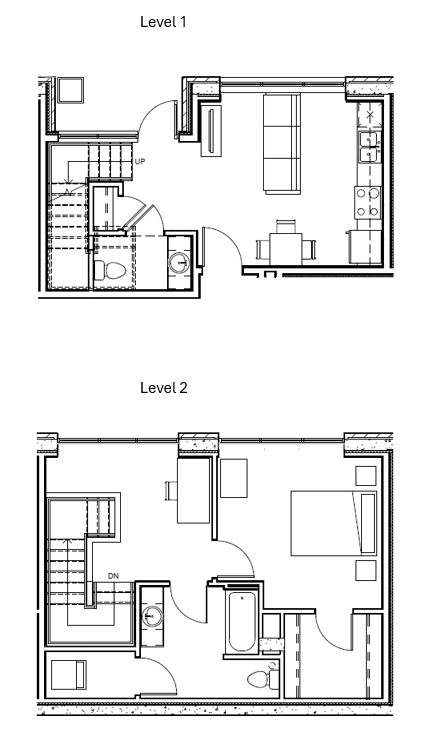 Two black and white images of a floor plan for a two level home.