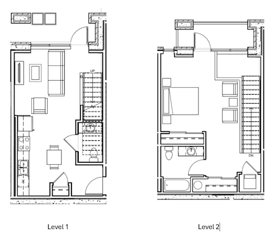 A black and white image of two floor plans labeled Level 1 and Level 2.