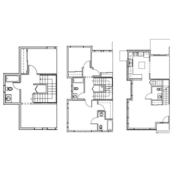 Three floor plans of a house with different layouts.