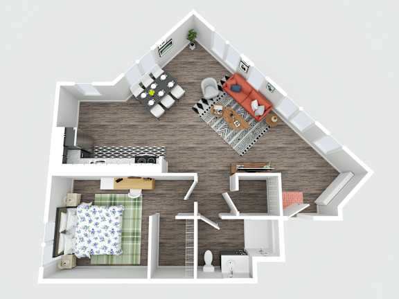 A top-down view of a house layout with a kitchen, living room, and bathroom.