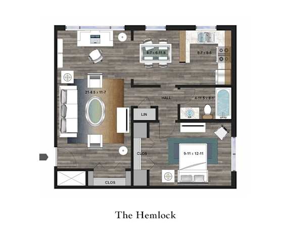 A floor plan of a home with a living room, dining room, kitchen, and two bedrooms.