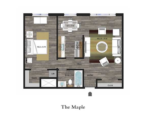 A floor plan of a house layout with a kitchen, living room, and bathroom.