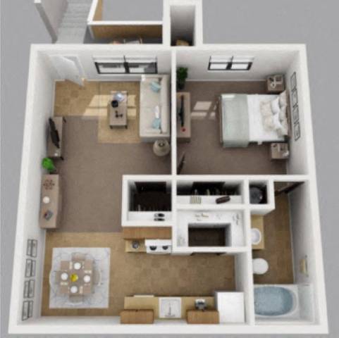 A dollhouse with a kitchen, living room, and bathroom.