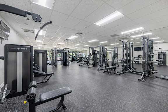 A gym with a variety of equipment including a squat rack, a leg press machine, and a bench.