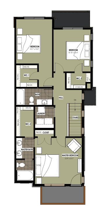 A floor plan of a two-story house with a master bedroom on the second floor and a laundry room on the first floor.