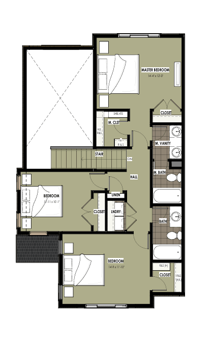 A floor plan of a house with two bedrooms and a living area.