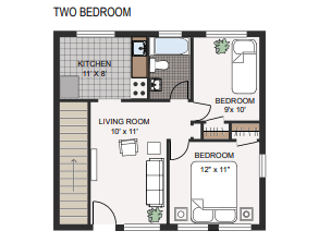 A floor plan of a two bedroom apartment with a living room, kitchen, and bedrooms.