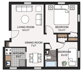 Floor Plan  A floor plan of a small apartment with a living room, dining room, kitchen, and two bedrooms.