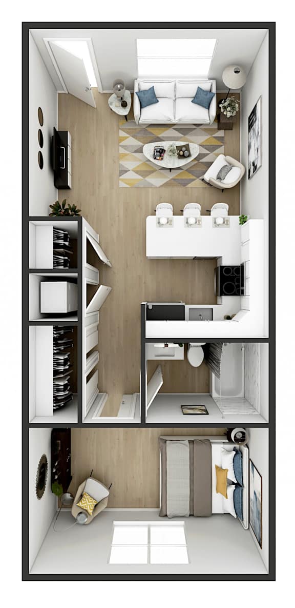 A series of images showing the interior of a small apartment.