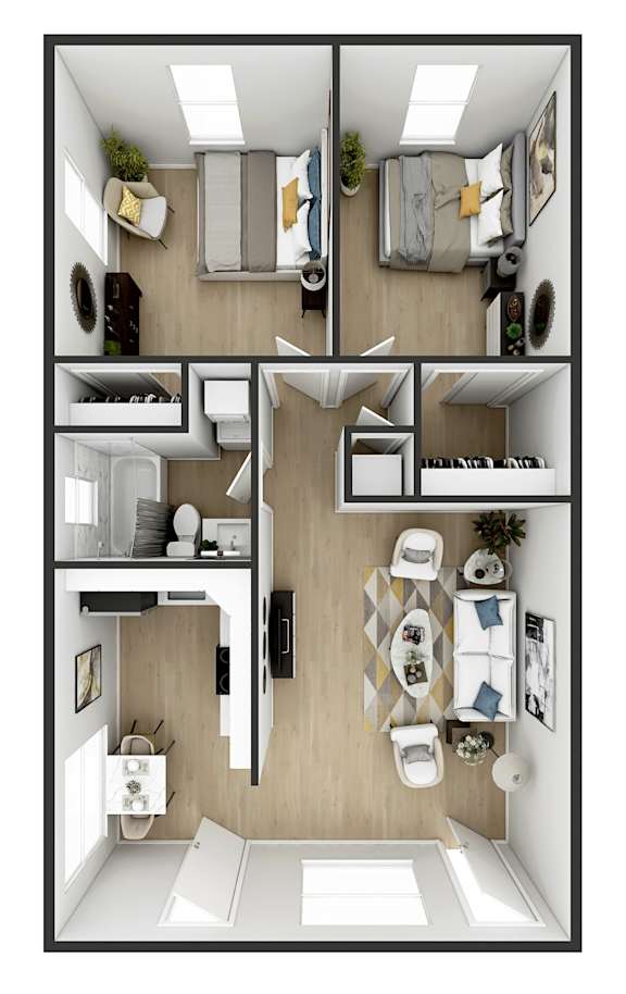 A top-down view of a small apartment with a kitchen, living room, and bathroom.