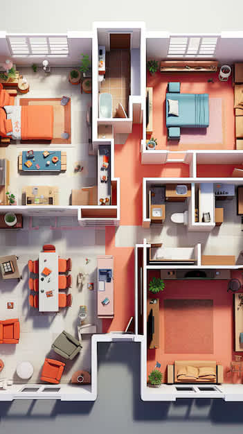 A top-down view of a small apartment with a kitchen, living room, and bedroom.