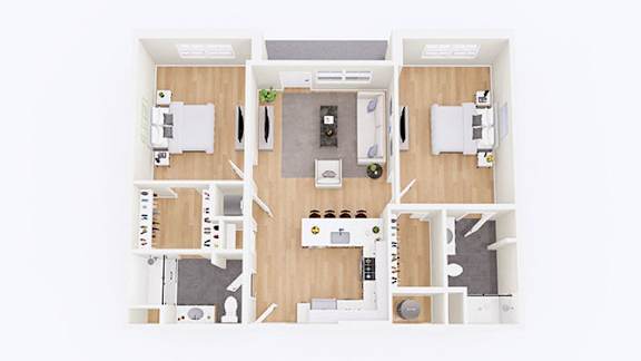 A top down view of a small apartment with a kitchen, living room, and bedroom.