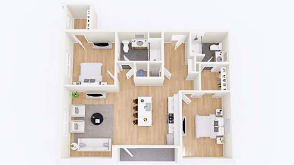 A white and wood floor plan of a house with a kitchen, living room, and two bedrooms.
