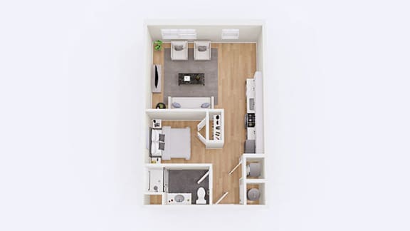 A top-down view of a small apartment with a kitchen, living room, and bathroom.