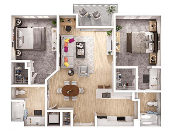 A top-down view of a house layout with a kitchen, living room, and bedrooms.