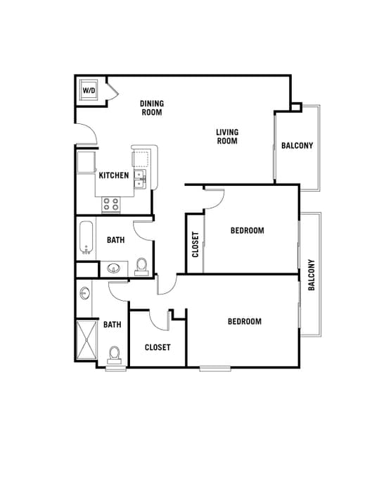 A floor plan of a home with two bedrooms, a living room, a dining room, a kitchen, and two bathrooms.