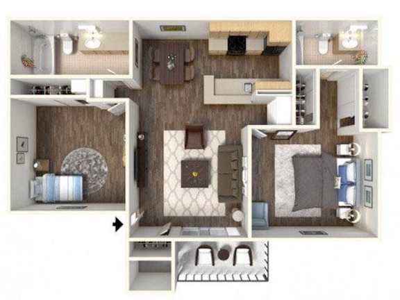 A floor plan of a small apartment with a kitchen, living room, and bedroom.