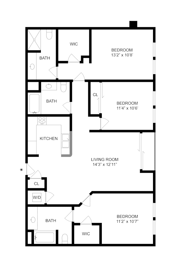 A floor plan of a house with a living room, two bedrooms, a kitchen, a bathroom, and a workspace.