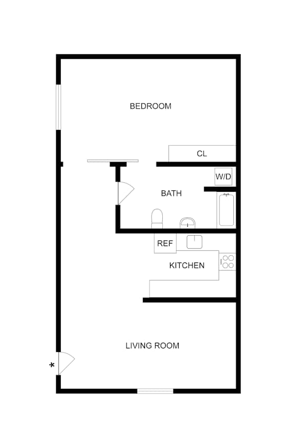 A floor plan of a small apartment with a living room, kitchen, bathroom and bedroom.