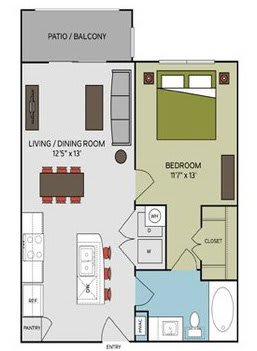 A floor plan of a small apartment with a living room, bedroom, and bathroom.
