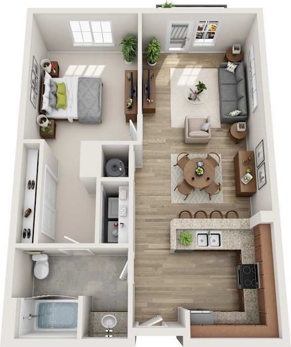 A top-down view of a small apartment with a kitchen, living room, and bathroom.