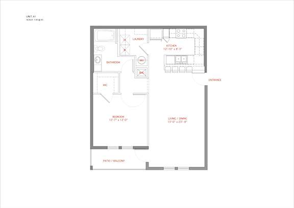 A floor plan of a small apartment with a living room, kitchen, bathroom, and two bedrooms.