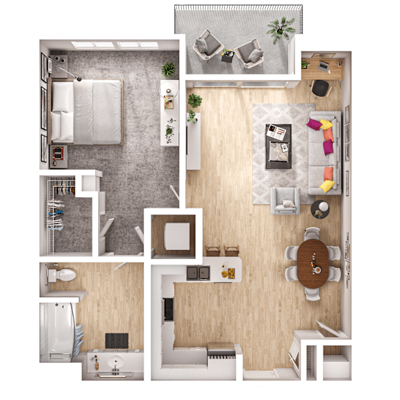 A top-down view of a small apartment with a kitchen, living room, and bathroom.