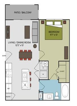 A floor plan of a home with a living room, dining room, kitchen, and bedroom.