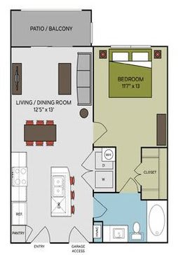A floor plan of a small apartment with a living room, dining room, kitchen, and bedroom.