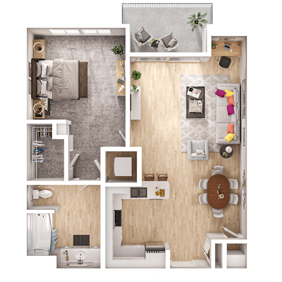 A top-down view of a small apartment with a bedroom, living room, kitchen, and bathroom.