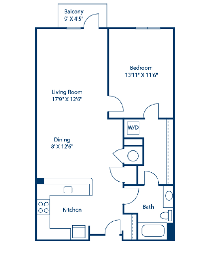 A floor plan of a house with a living room, dining room, kitchen, bath, and bedroom.