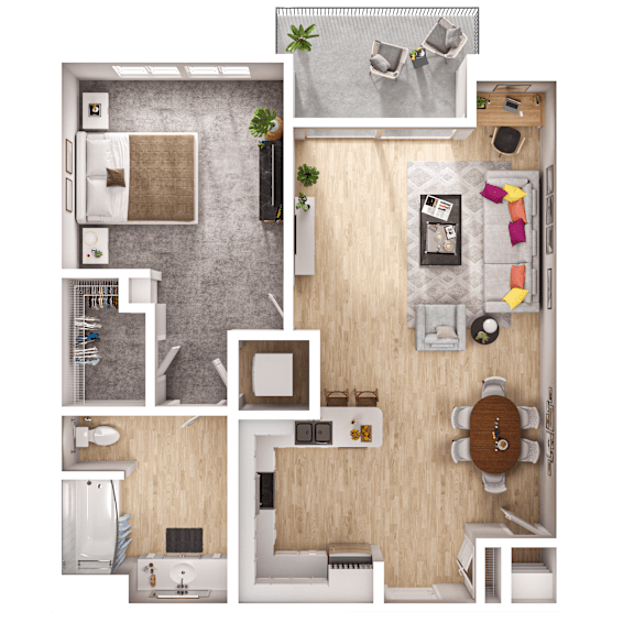 A top-down view of a small apartment with a kitchen, living room, and bathroom.