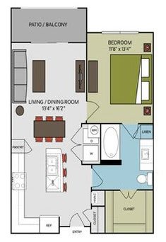 A floor plan of a small apartment with a living room, dining room, kitchen, and bedroom.