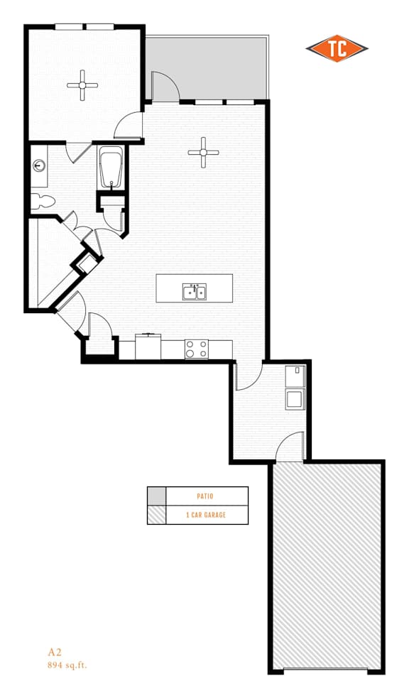 A floor plan of a residential apartment with a kitchen, living room, and two bedrooms.