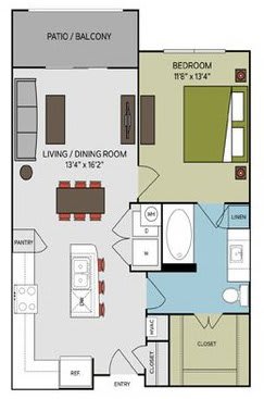 A floor plan of a small apartment with a living room, dining room, kitchen, and bathroom.