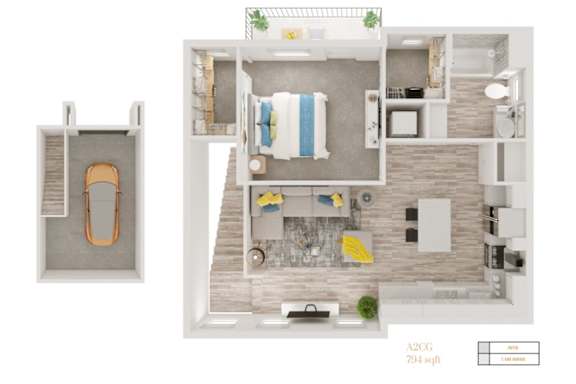 A floor plan of a two bedroom apartment with a living room and a kitchen.