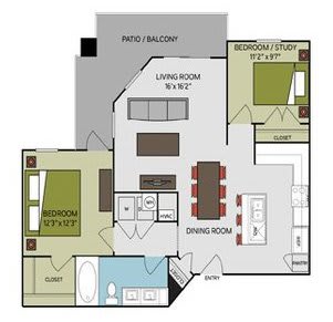 A floor plan of a house with a living room, dining room, and two bedrooms.